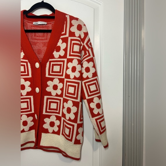 Zara Orange Jacquard Floral Geometric Chunky Knit Sweater Size S retro cozy 70s - Picture 7 of 13